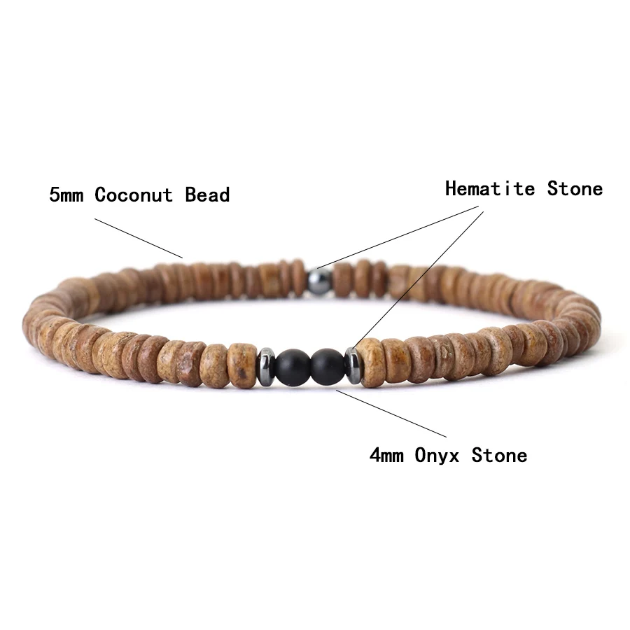 Natural Coconut Bead Mens Bracelet with Tiger Eyes Stone