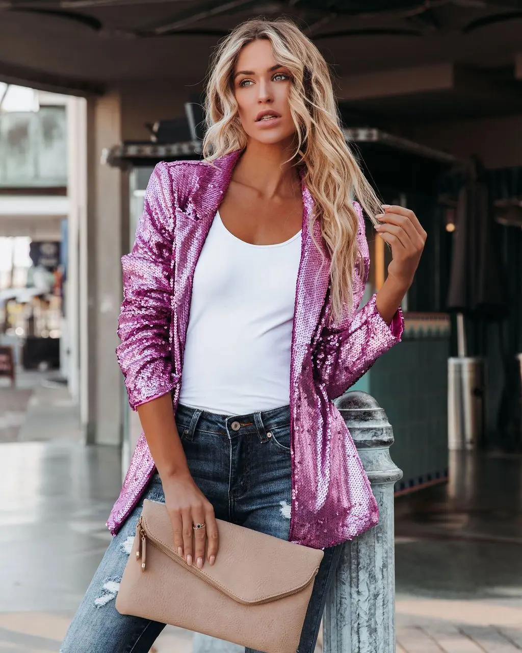 

Female spring shining pink gold sequin jacket party tops