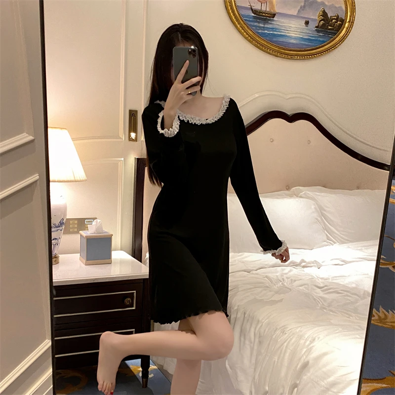 Spring and Autumn Women's Lace Dress Pajamas Loose Simple Sweet Pullover Pajamas Long Sleeve Mid-Length Home Clothes women pajamas