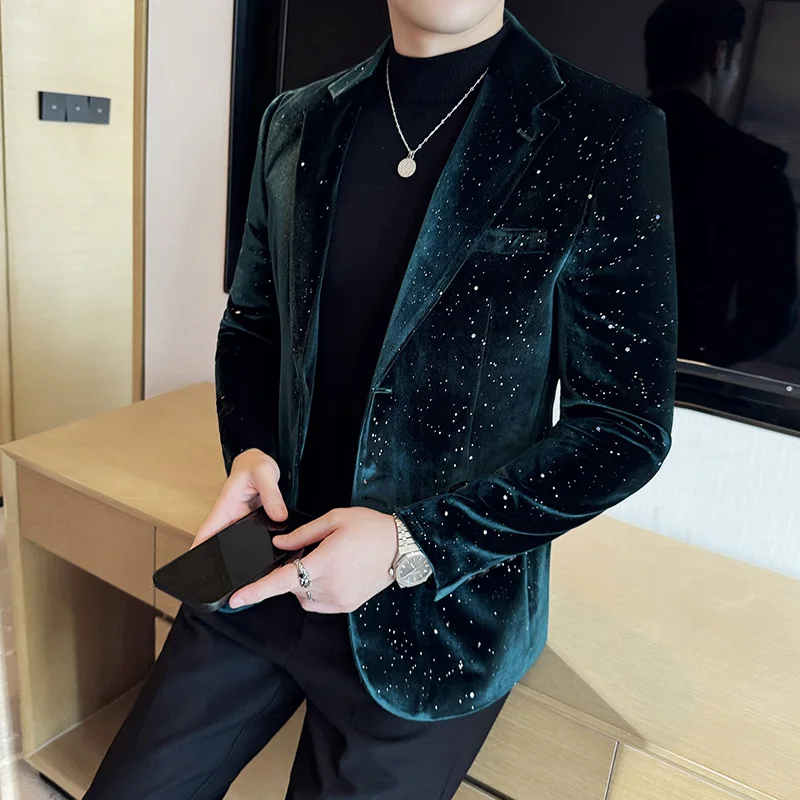 Men Suit Jacket Autumn Velvet Blazer Business Fashion Printed Suit