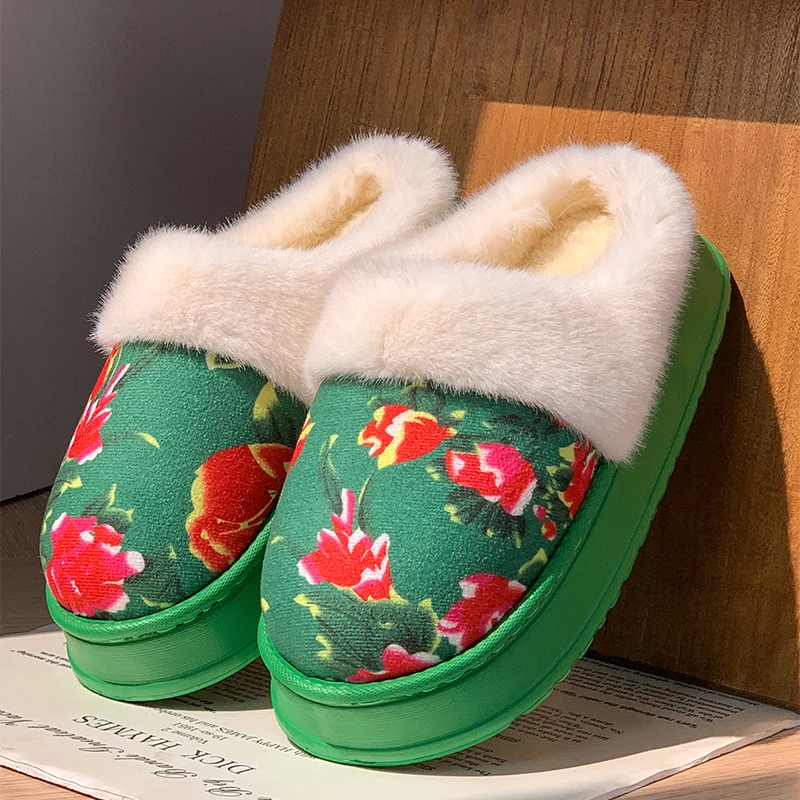 Red Printed Home Cotton Slippers Women Indoor Thick Bottom Non Slip Fur Slippers Woman Round Toe Fluffy Plush Slides Female