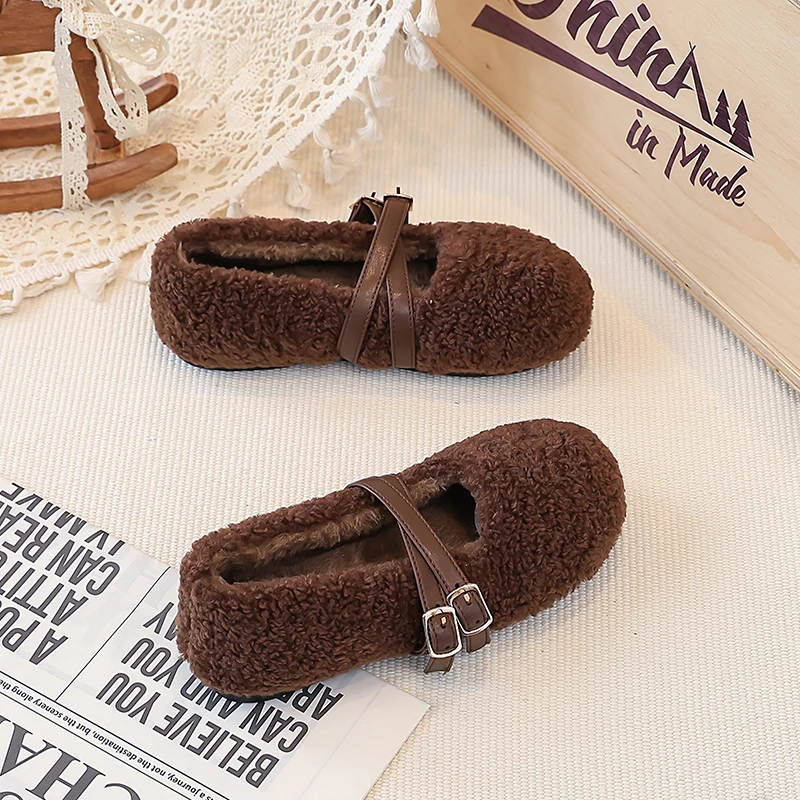 Girls Fuzzy Ballet Flats Soft Sole Non Slip Winter Shoes