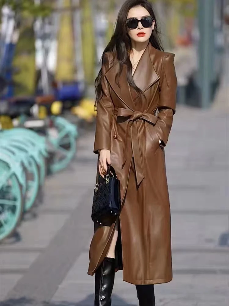 

2023 Autumn Extra Long Waterproof Black Soft Pu Leather Trench Coat for Women Luxury Overcoat Spring