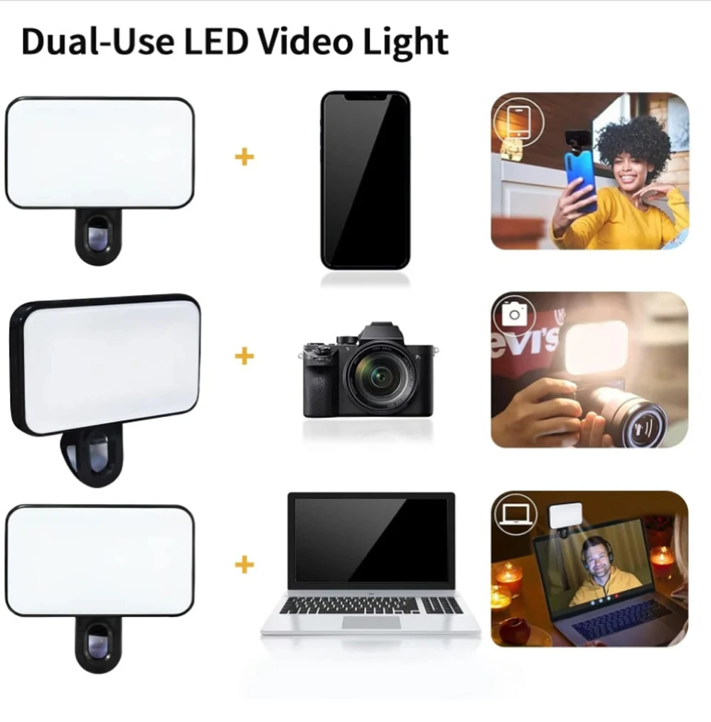 Portable Mini Selfie Fill Light Rechargeable 3 Modes Adjustable Brightness Clip On For Phone Laptop Tablet Meeting Make Up 4