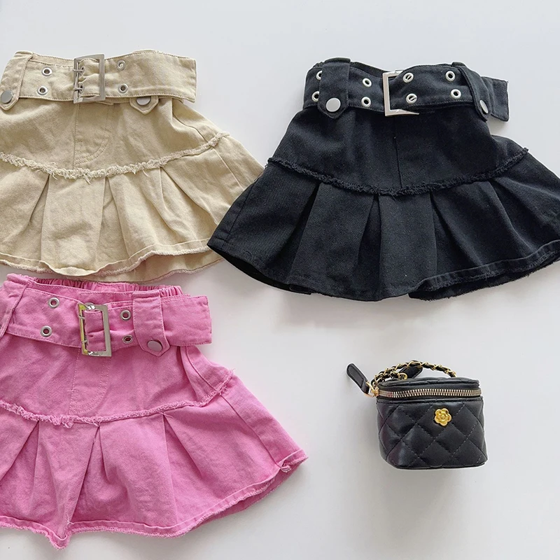 

Spring Summer Girls Denim Skirt Baby Ruched Skirt Toddler Skorts Kids Skirts Children Fashion Bottoms Rivet Belt Ripped 2-7Y