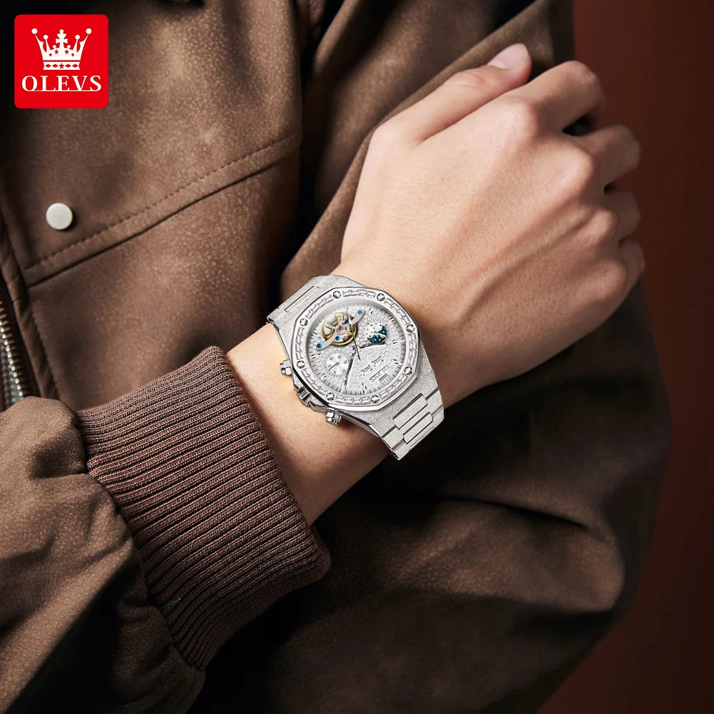 OLEVS 9805 Man Watch Hollow Skeleton Auto Date Moon Phase Waterproof Watch For Men Luxury Diamond Male Mechanical Wristwatch