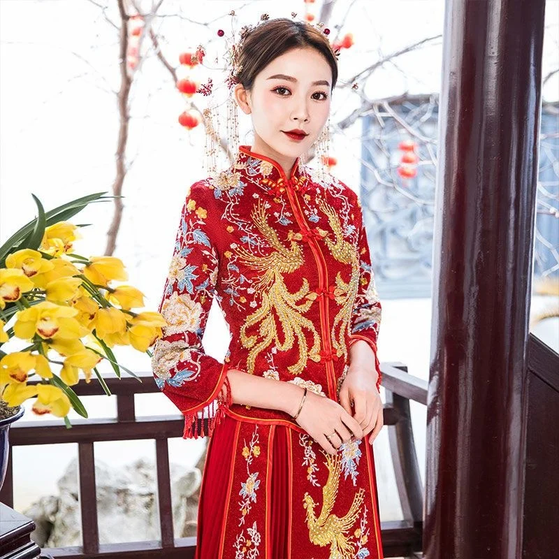 

Xiuhe Clothing Bride 2021 New Autumn and Winter Long Chinese Wedding Dress, Elegant, Slim Fit, High Waist, and Slim Wedding