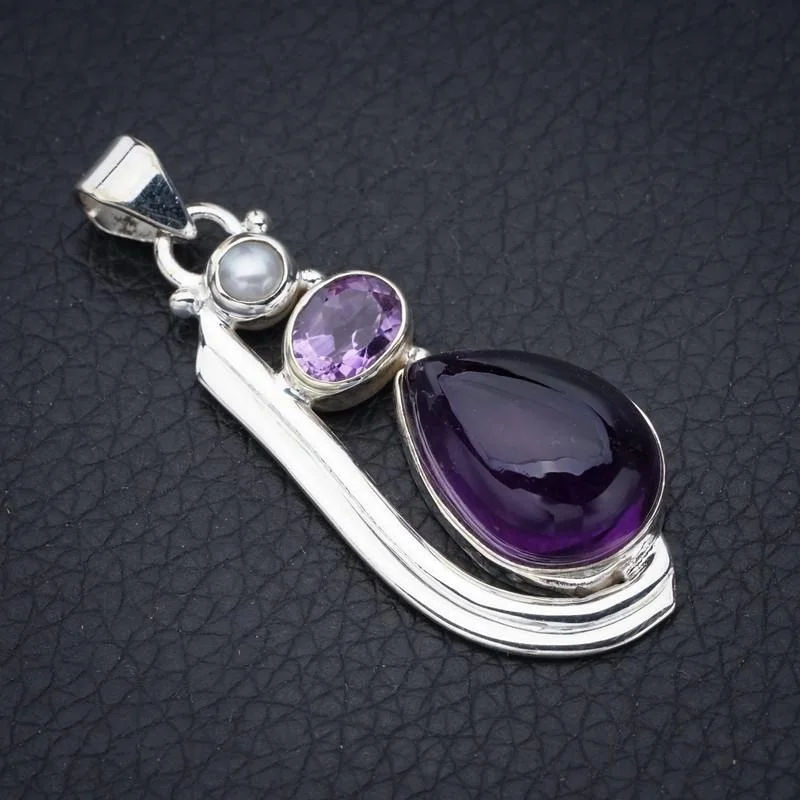 

StarGems Natural Amethyst River Pearl Handmade 925 Sterling Silver Pendant 2" F5339