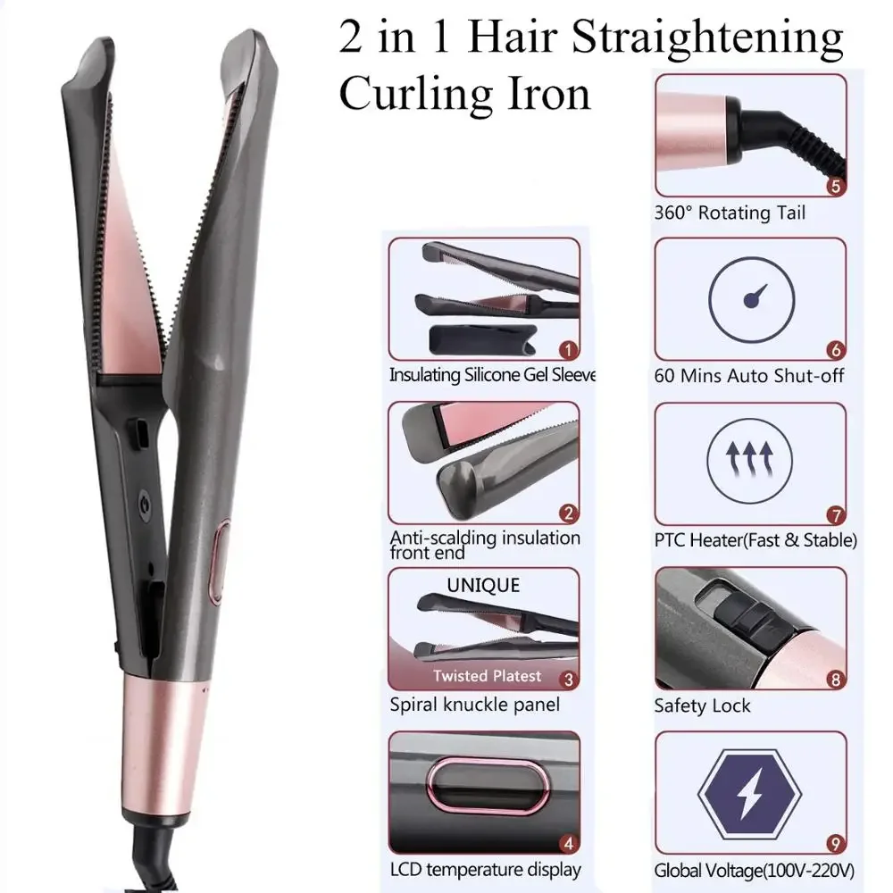 Professional Electric Hair Straightener And Curler 2-in-1 Ceramic Hair Styling Tools with Aluminum Alloy Temperature Control 5