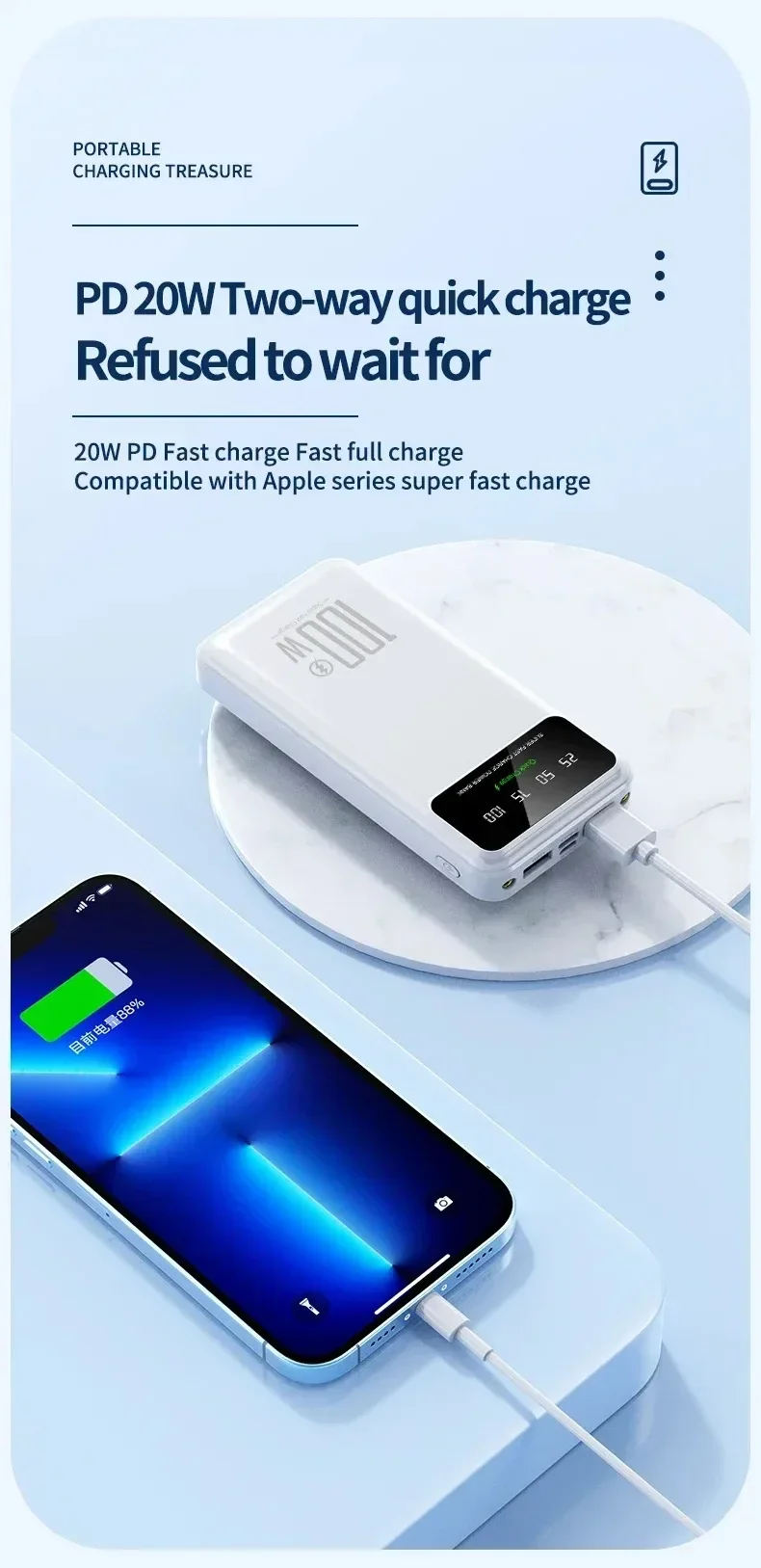 100W Fast Charging 50000mAh High Capacity Power Bank Portable Charger Battery Pack Powerbank for IPhone Huawei Samsung Xiaomi