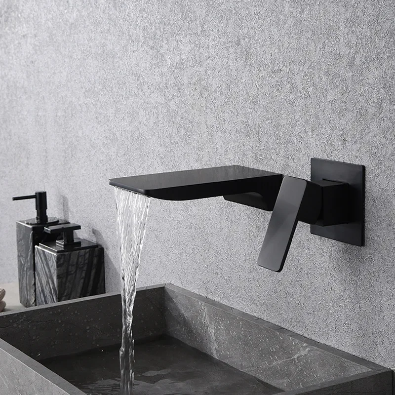 

Basin Faucet Brushed Gold Bathroom In-Wall Gun Gray Waterfall Hot and Cold Sink Tap Mixer Set