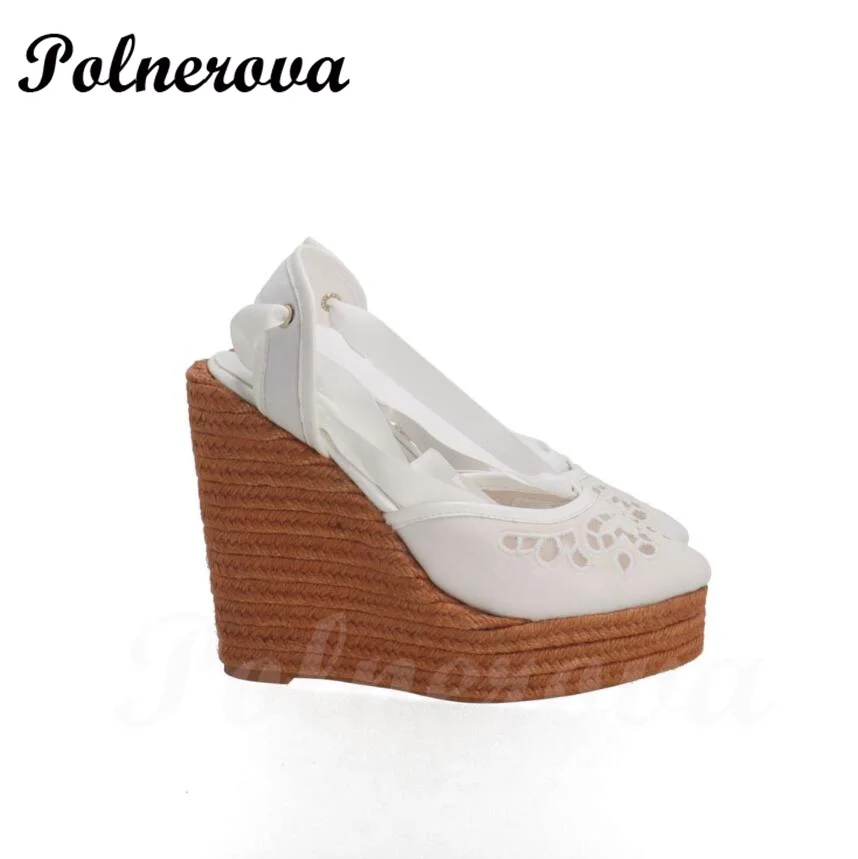 Blue White Flower Print Graffiti Espadrilles Wedge Sandals High Heels Platform Ankle Strap Wedge Sandals Round Toe Summer Shoes