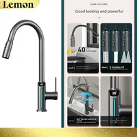 ก๊อกน้ำตก LED สีเทาปืนพร้อมจอแสดงผลอุณหภูมิดิจิตอลแบบดึงได้ห้องครัว/อ่างล้างหน้าห้องน้ำผสมก๊อกน้ำอ่างล้างหน้าร้อน/เย็น 5