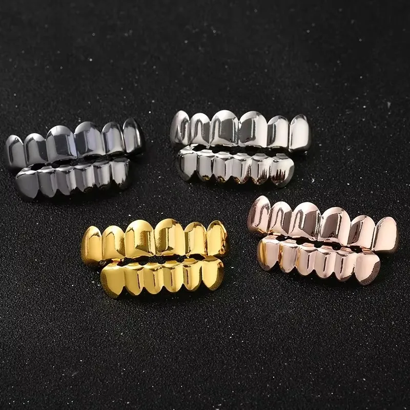 Gold Silver Plated HIP HOP Teeth Grillz Top & Bottom Grills Set With silicone Real Shiny Tooth Sets 2