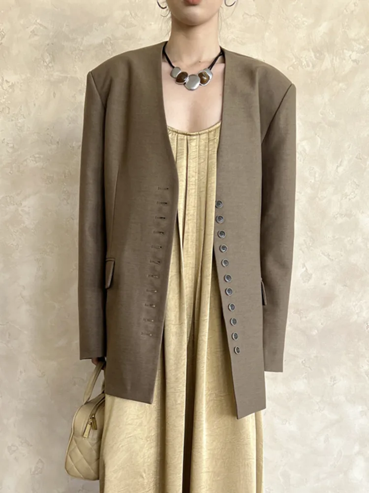 [LANMREM] Minimalism Temperament Blazers For Women V Neck Single Breasted Office Lady Loose Jackets 2024 Autumn New 26D8680