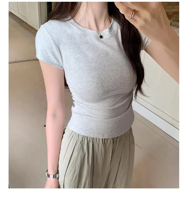 Women's Basic Solid Crop Top Short Sleeve Crewneck Skinny T-shirt Summer Casual Y2K Vintage Harajuku Streetwear