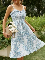 Holiday ruffle strap summer dress women Floral square collar sleeveless sash lace up frills dresses