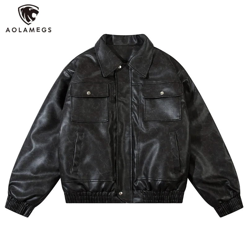 

Men Solid Color PU Padded Jacket Functional Workwear Multi Pocket Lapel Cotton Coat American Splicing Street Warm Outwear Unisex