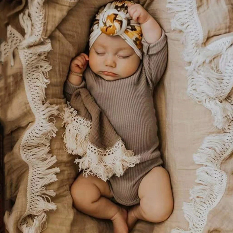 Baby Swaddle Blanket Pure Cotton Muslin Wrap Newborn Stroller Cover Soft Breathable Crib Bedding with Tassel - 3