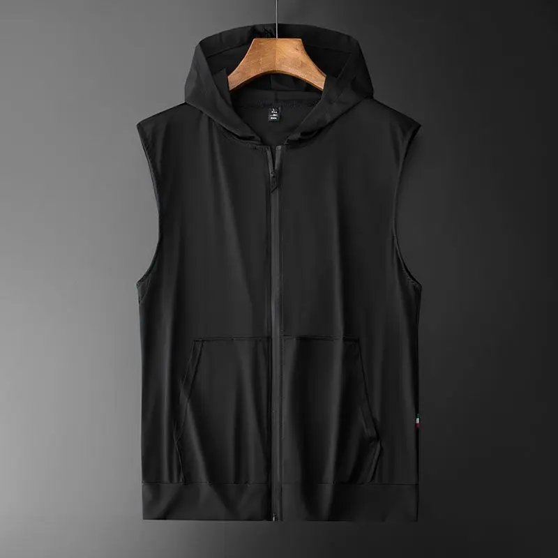 남성용 아이스 실크 원단, 솔리드 후드 지퍼 패스너 포켓, 캐주얼 루즈 민소매 조끼 상의, 젊은 스타일 트렌드, 여름 패션 