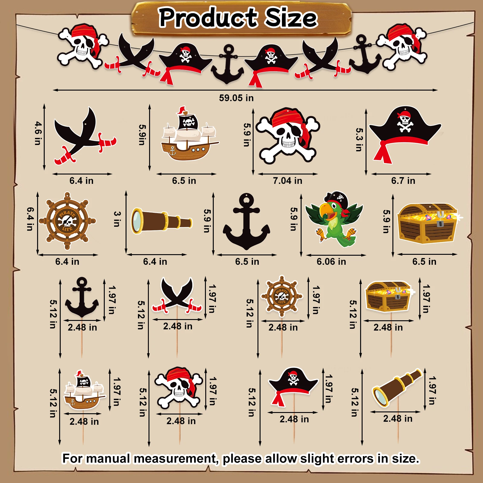 45 Pcs Pirate Party Hanging Swirls Decorations Pirate Themed Streamer Banner Cake,for Birthday Party Supplies