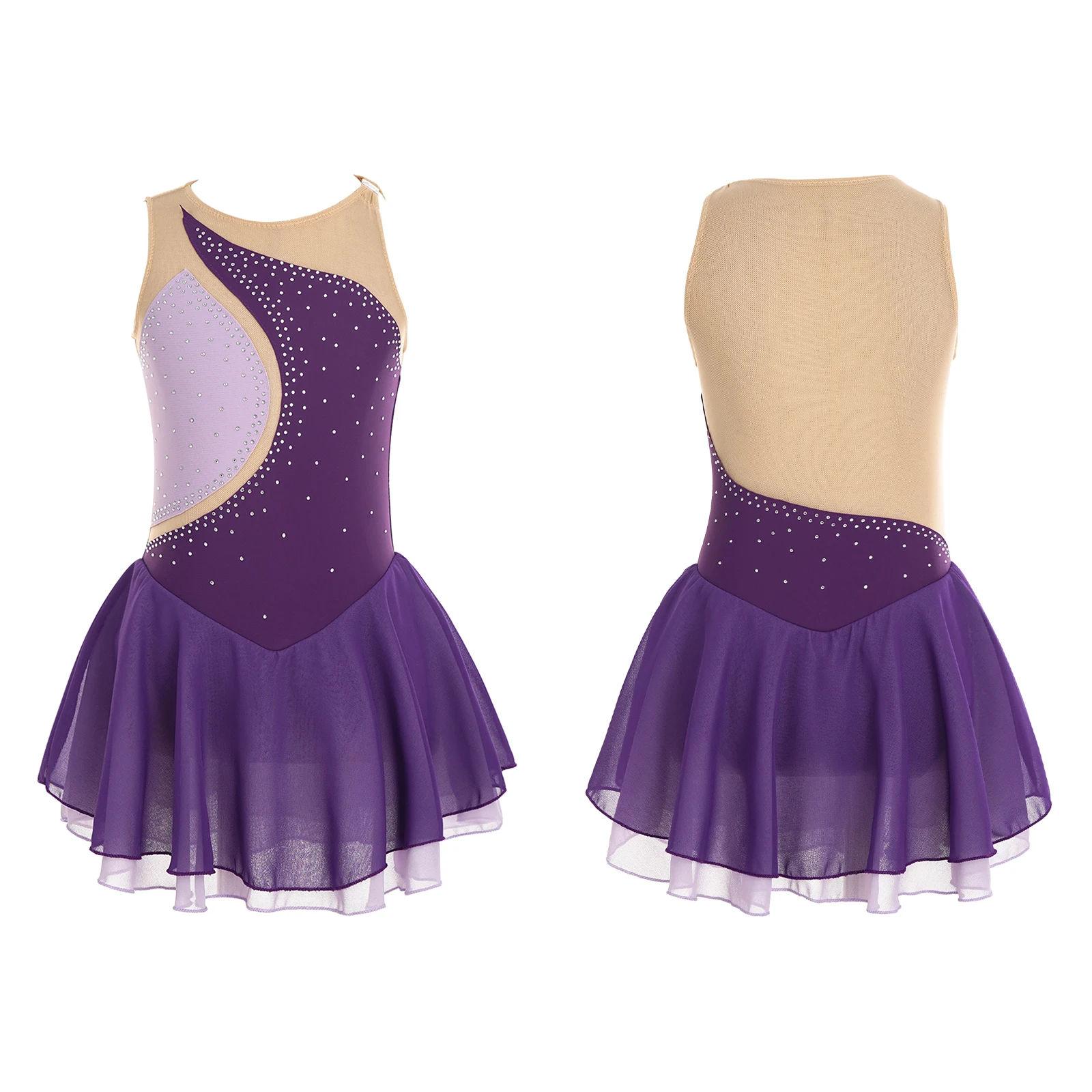 thumbnail image 1 of Traje de patinaje sobre hielo para niñas con brillantes diamantes de imitación, maillot de ballet, vestido de baile lírico con dobladillo irregular, vestido de tutú y leotardo, 1 of 5