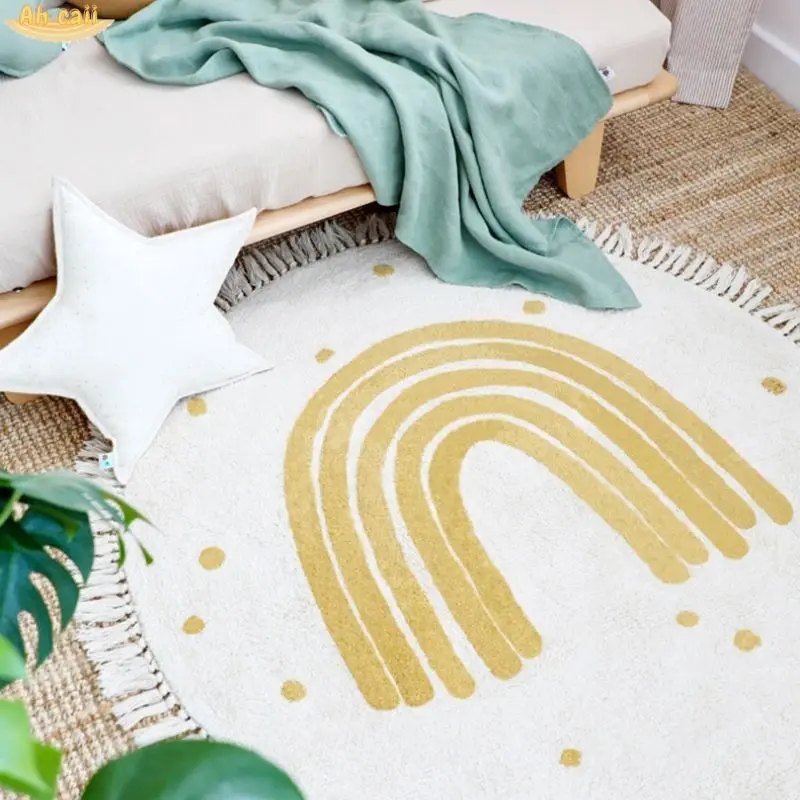 Rainbow Fluffy Carpet For Living Room With Tassels White Plush Rug For Kids Bedroom Soft Nursery Play Mat Children Babi