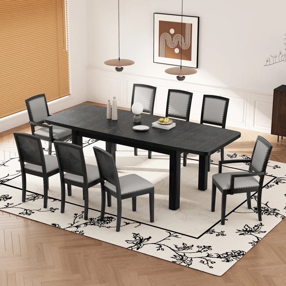 YQXH Rustic Extendable 84inch Dining Table Set with 24inch Removable Leaf , 6 Upholstered Armless Dining Chairs