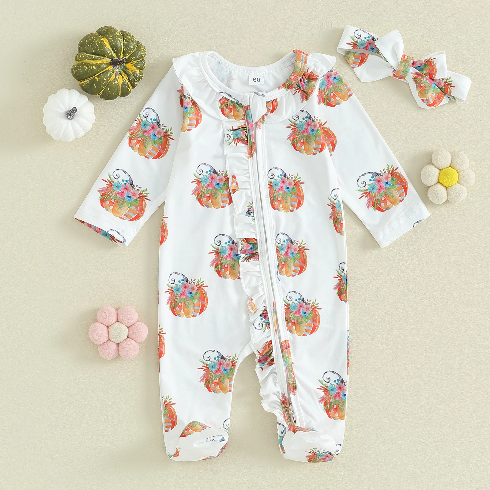 Baby Girl Fall Outfit, Long Sleeve Pumpkin Flower Print Footies Jumpsuit with Headband Halloween Clothes