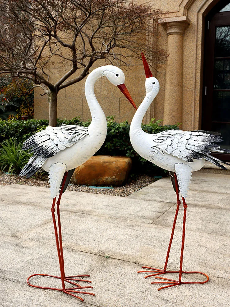 Outdoor Yard Garden Decor Statues Iron Art Red-crowned Crane Gardening Exterior Accessorie Decor Country House Animal Customized