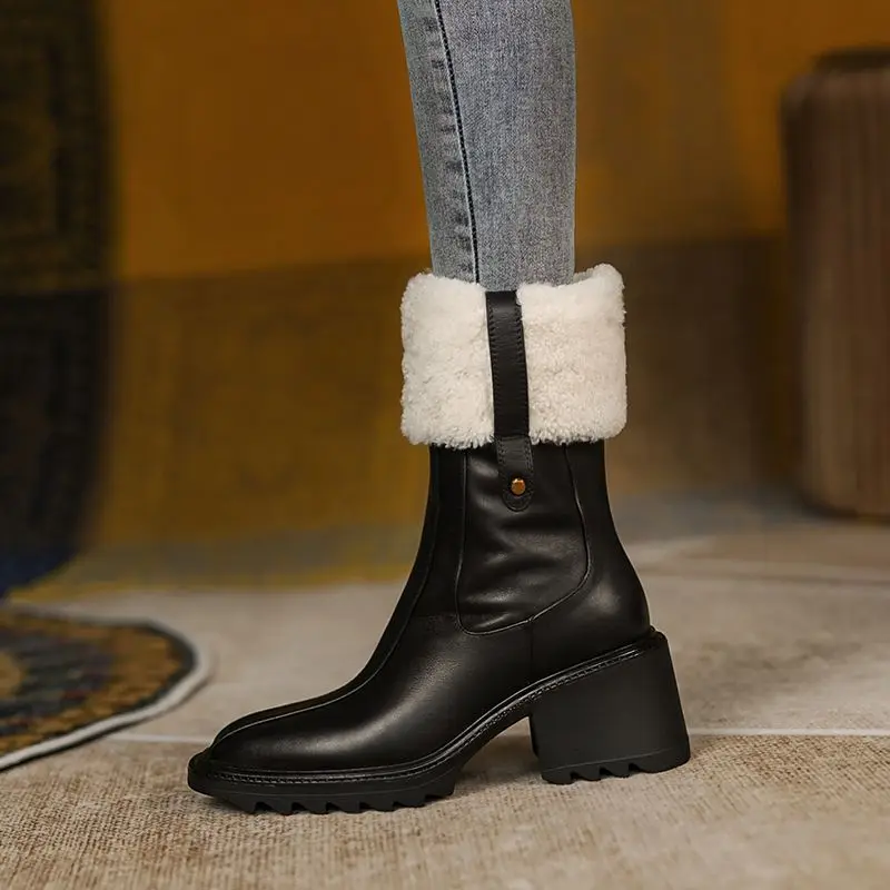 

Cowhide Women Winter Shoes Elegant Ladies Shoes Snow Boots Keep Warm -30℃ Wool Fur Warm Patchwork Ankle Boots Side Zippers