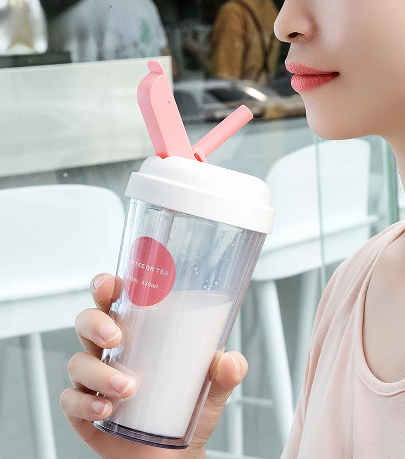 

420ML New Double Layers Reusable Coffee Cup Milk Tea Smoothie Straw Cups Outdoor Drinking Bottle Travel Mug with Brush