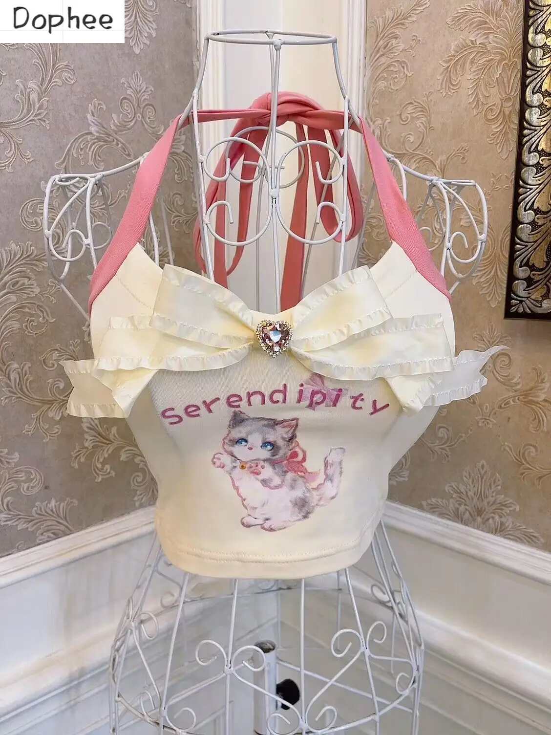 

Женский топ Dophee с принтом в виде кошек и пряностей, милая блузка с лямкой на шее, облегающая кофта с открытым животом