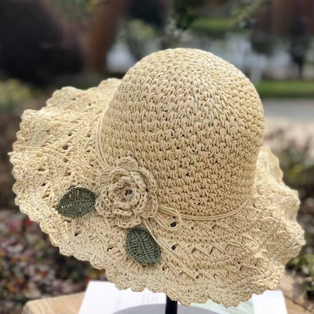 Portable Ladies Straw Hat With Flowers Women Travel Beach Hats Comfy Face Sunscreen Caps for Spring Summer