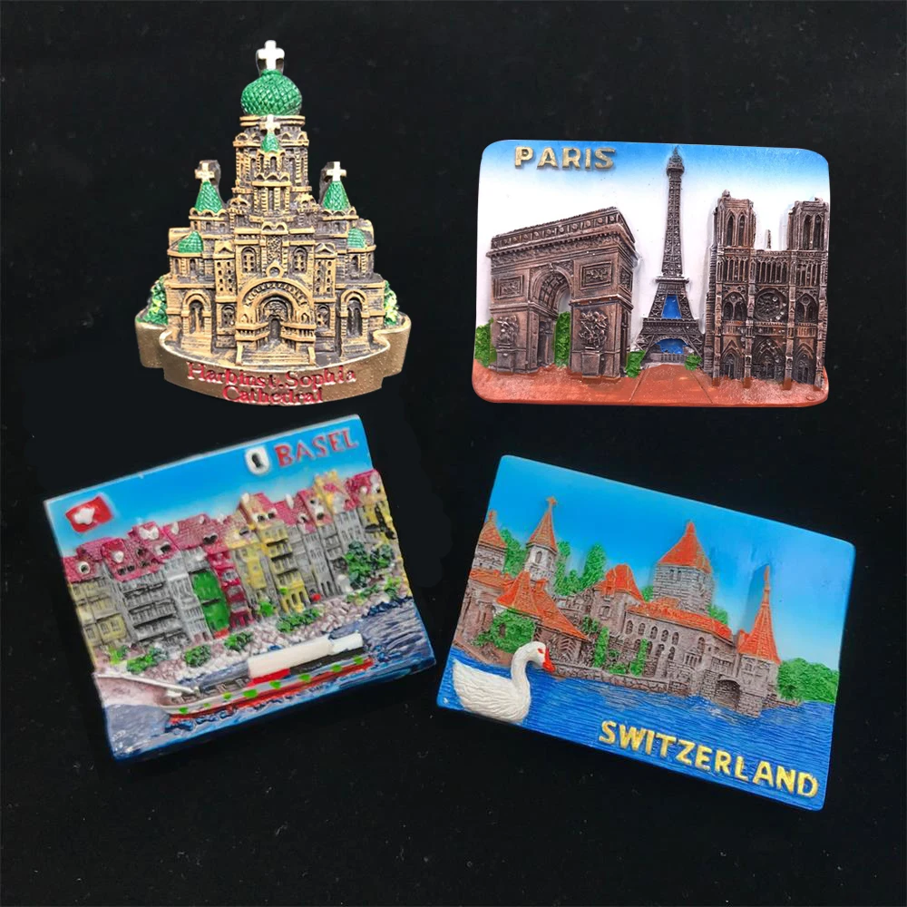 Hand-painted Fridge Magnets Switzerland Basel Eiffel Tower Sophia Church Castle Tourism Souvenir Magnetic Refrigerator Stickers