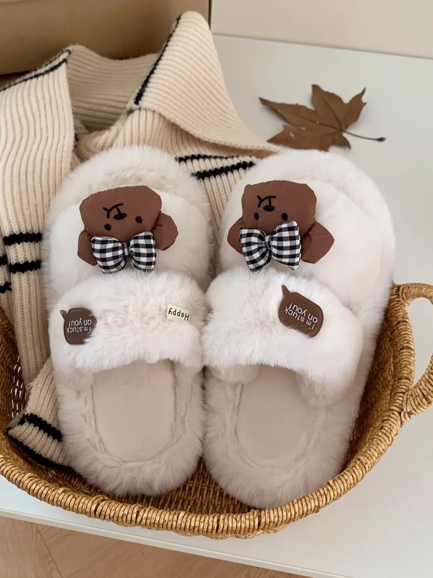 Women Home Slippers Cute Bow With Teddy Bear Fur Slippers, Versatile For Indoor And Outdoor Autumn And Winter 2