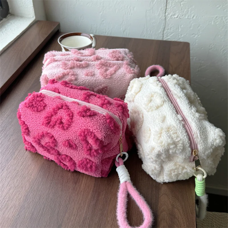 New Pink Red Color Heart Cosmetic Bags with Lanyard Girl Large Capacity Travel Organizer Cute Plush Makeup Bags for Women 5