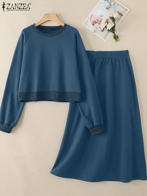 2025 ZANZEA Fashion Women 2 Piece Outfit Autumn Long Sleeve Top Casual High Waist Long Skirt Sets Solid Dress Suits Tracksuits 1