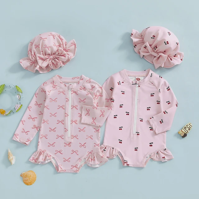 Toddler Baby Girl Rash Guard Swimsuit with Sun Hat 2 Piece Beachwear Children Long Sleeve Bow/Cherry Print Bathing Suit Swimwear