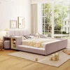 Modern Full Size Upholstered Grounded Bed Mother & Child Bed Velvet Fabric Upholstered Floor Platform Bed with Bedside Desk 1