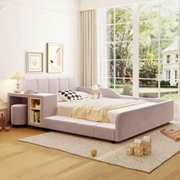 Modern Full Size Upholstered Grounded Bed Mother & Child Bed Velvet Fabric Upholstered Floor Platform Bed with Bedside Desk 1