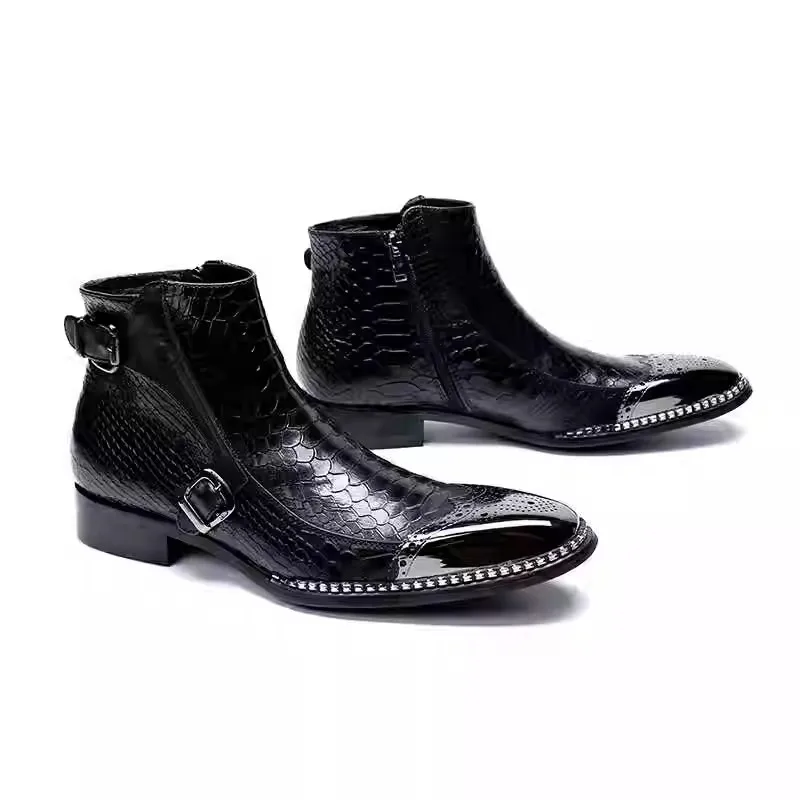 

Black Genuine Leather Men Ankle Boots Buckle Zipper with Metal Bordered Boots Male Plus Size Party Business Dress Shoes