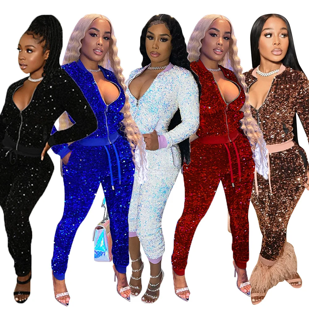 Women's Long Sleeve Zipper Bodycon Sweatsuits, Sexy Two Piece Set, Warm Clothing, Gold Velvet, Sequin, Lady  Leisure Suit, Winte zabrina jumpsuits overalls sexy v neck sparkly rompers long sleeve women s sequin lady one piece wide leg pants deep v bandage