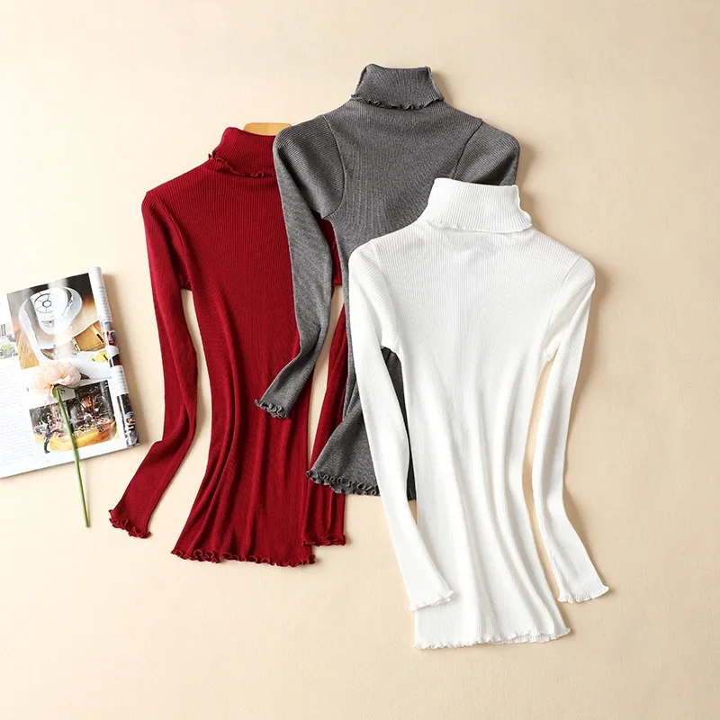 Silk Cotton Sweater Women's Mulberry Silk Cotton Base Sweater High Elastic Slim Seamless Long-sleeved Knit Top Turtleneck 70% Silk + 30% Cotton