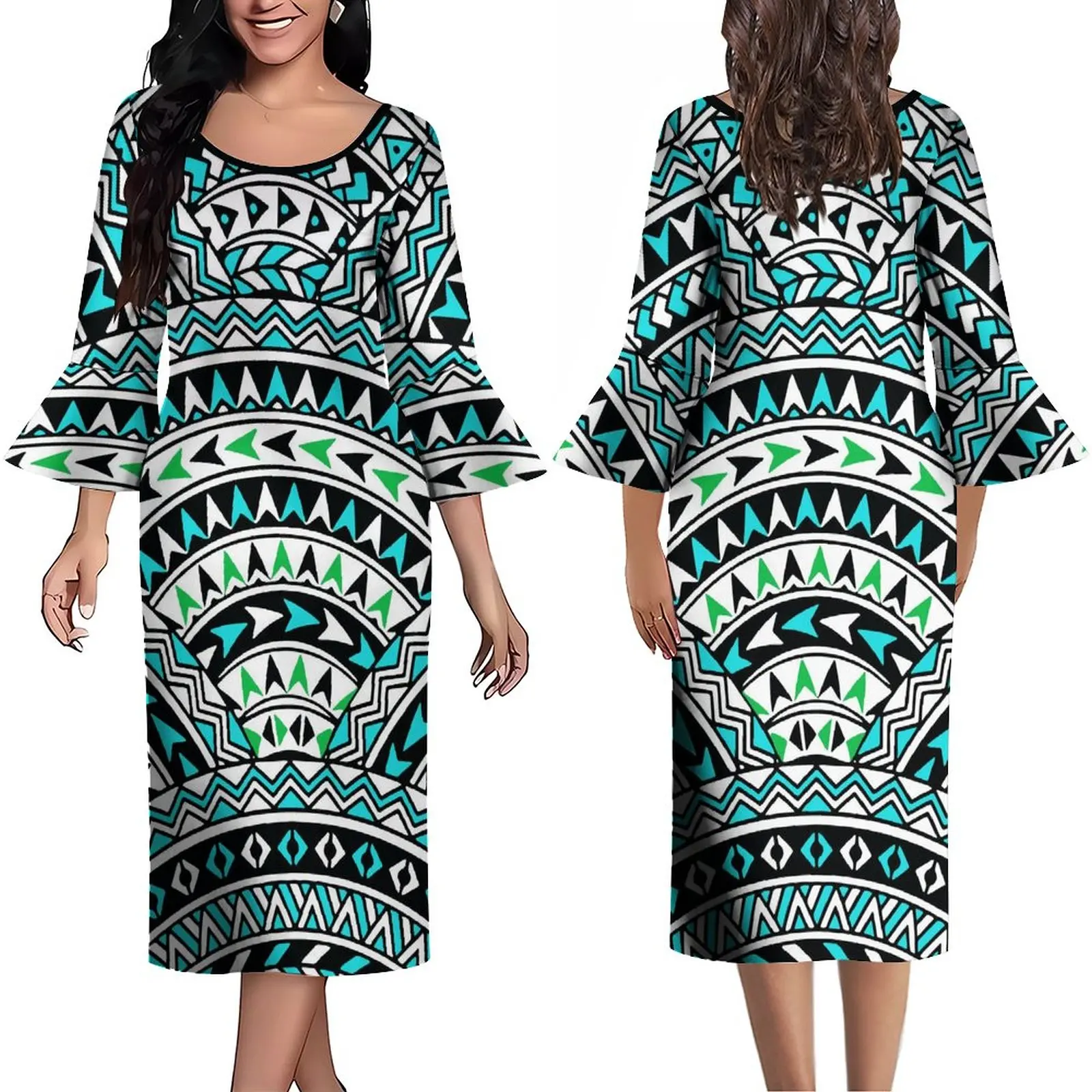 

Polynesian Vintage Tribal Design Print Custom Early Autumn Long-Sleeve Dress Lotus Cuff Design 2023 New Women's Dress