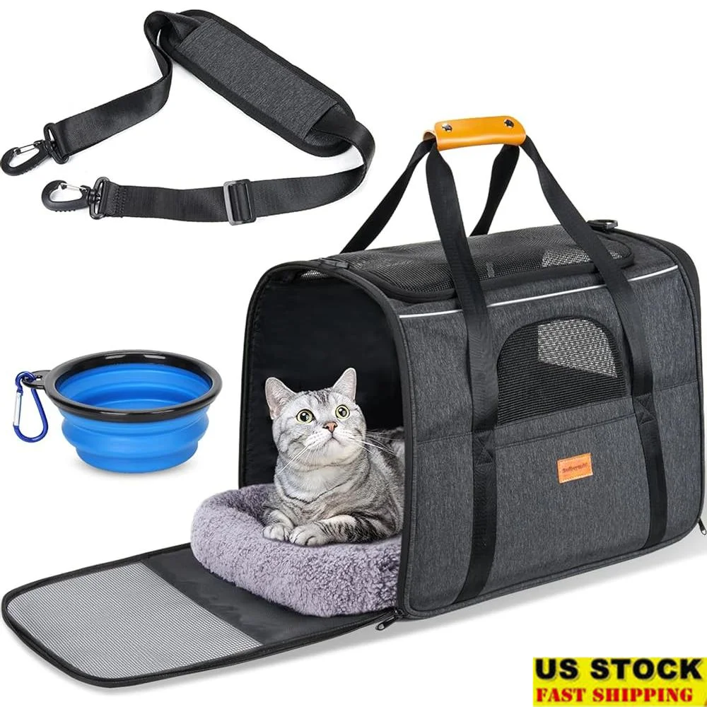 Soft Sided Cat Carrier Large Medium Cats Dogs Portable Foldable Pet Carrier Airline Approved Safety Zippers Mesh Travel Bag