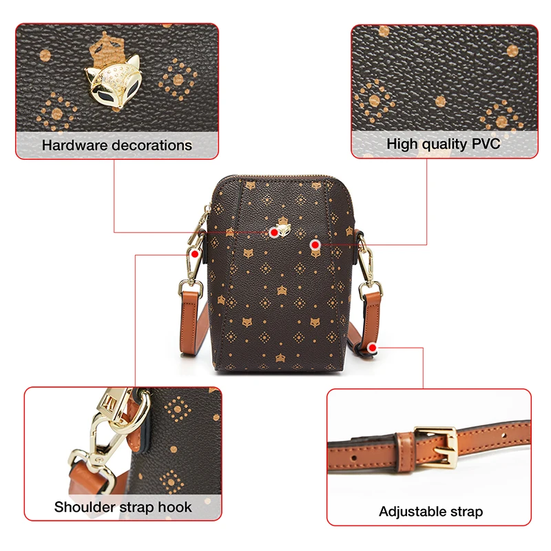 Crossbody Bag,Women Shoulder Bag FOXER Woman Brown Monogram Cellphone Bag Vintage Shoulder Bag Travel Crossbody PVC Leather Lady Mini Shopping Messenger Bags