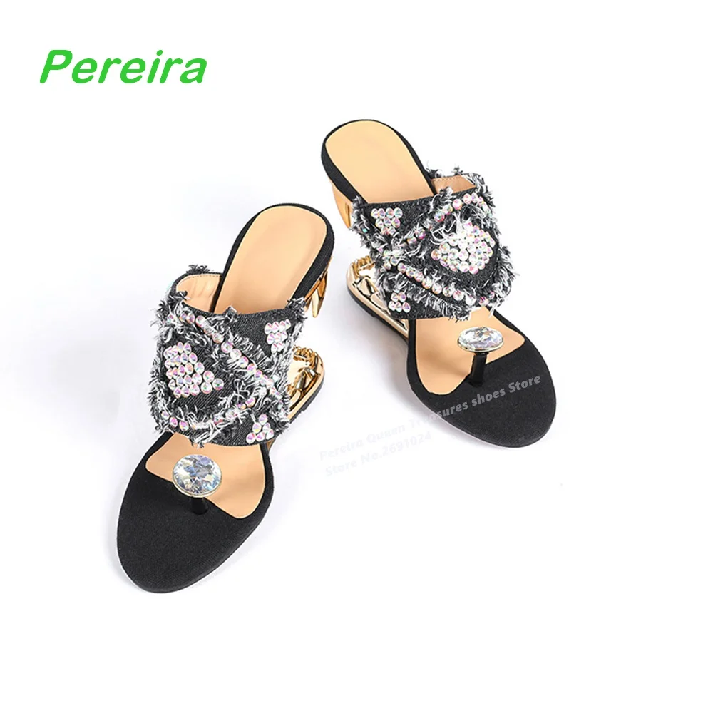 

Black Tooth Heel Flip-Flops Round Toe Strange Style Women's Slippers Embroidery Patchwork Party Wedding Shoes Sexy Summer Luxury