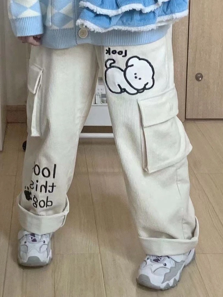 

HOUZHOU Kawaii Japanese Cartoon Beige Pants Women Preppy Korean Style Cute Wide Leg Trousers Female Casual Sweet Sweatpants New