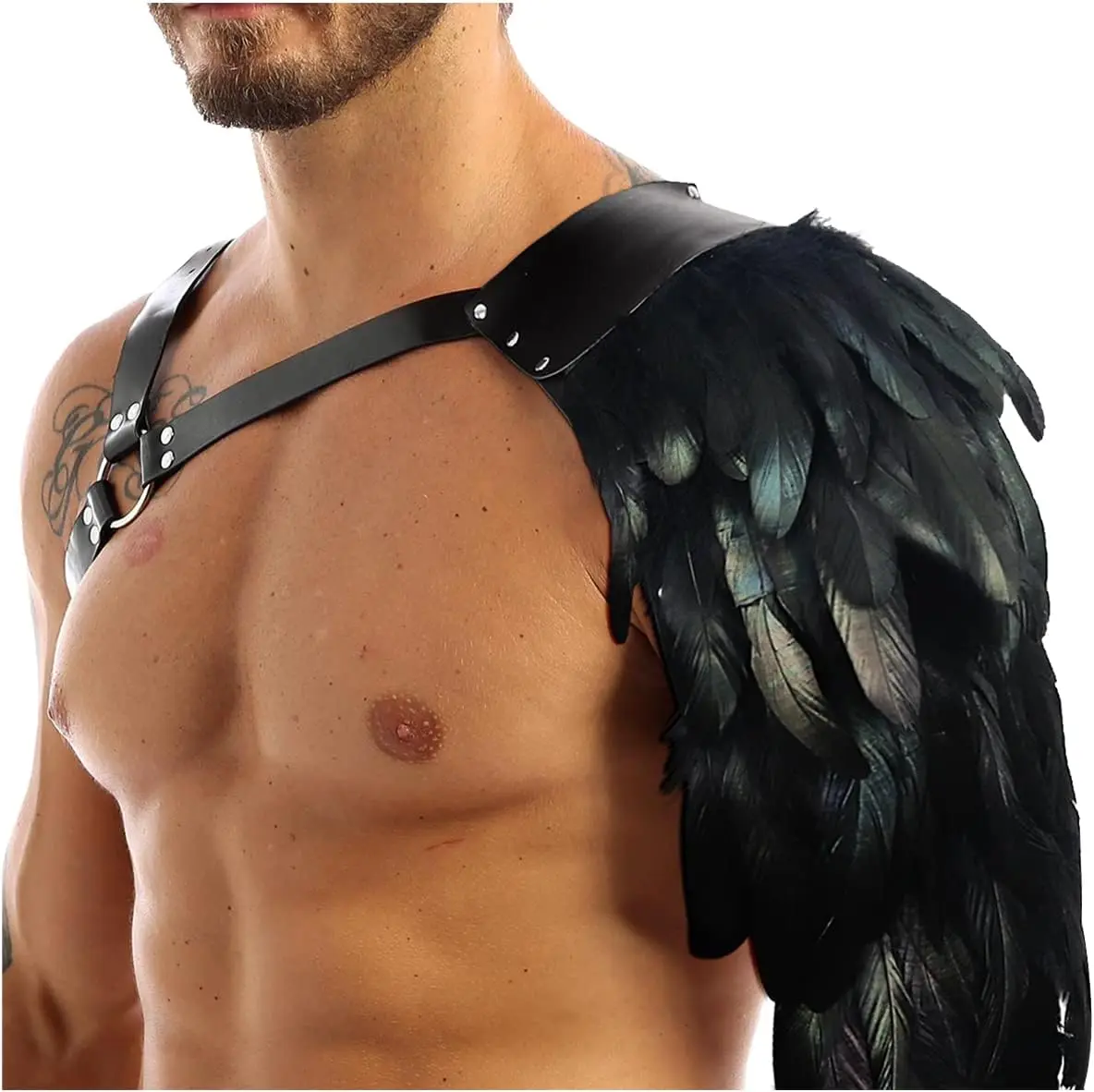 Men's Gothic Feather Shoulder Armor Leather Harness Medieval Cosplay Costume